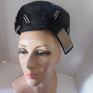SALE Vintage Black Velour Hat Scattered Ribbon Tabs by Gardner